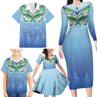 Aotearoa New Zealand New Year Family Matching Long Sleeve Bodycon Dress and Hawaiian Shirt Maori Motifs with Silver Fern and Matariki Stars LT03 - Polynesian Pride