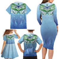 Aotearoa New Zealand New Year Family Matching Long Sleeve Bodycon Dress and Hawaiian Shirt Maori Motifs with Silver Fern and Matariki Stars LT03 - Polynesian Pride