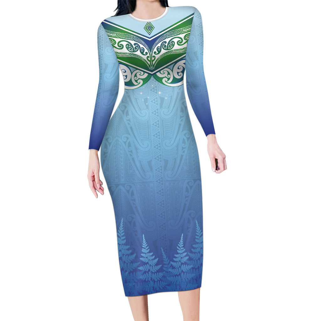 Aotearoa New Zealand New Year Family Matching Long Sleeve Bodycon Dress and Hawaiian Shirt Maori Motifs with Silver Fern and Matariki Stars LT03 Mom's Dress Multicolor - Polynesian Pride