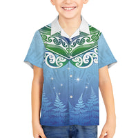 Aotearoa New Zealand New Year Family Matching Long Sleeve Bodycon Dress and Hawaiian Shirt Maori Motifs with Silver Fern and Matariki Stars LT03 Son's Shirt Multicolor - Polynesian Pride