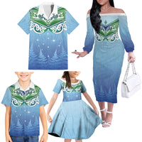 Aotearoa New Zealand New Year Family Matching Off The Shoulder Long Sleeve Dress and Hawaiian Shirt Maori Motifs with Silver Fern and Matariki Stars