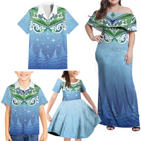 Aotearoa New Zealand New Year Family Matching Off Shoulder Maxi Dress and Hawaiian Shirt Maori Motifs with Silver Fern and Matariki Stars