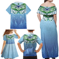 Aotearoa New Zealand New Year Family Matching Off Shoulder Maxi Dress and Hawaiian Shirt Maori Motifs with Silver Fern and Matariki Stars