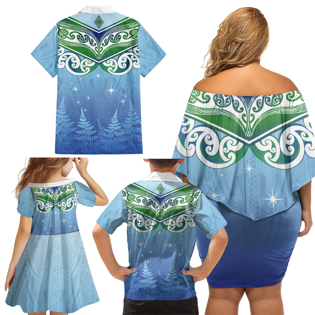 Aotearoa New Zealand New Year Family Matching Off Shoulder Short Dress and Hawaiian Shirt Maori Motifs with Silver Fern and Matariki Stars