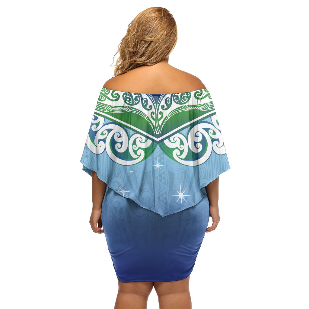 Aotearoa New Zealand New Year Family Matching Off Shoulder Short Dress and Hawaiian Shirt Maori Motifs with Silver Fern and Matariki Stars