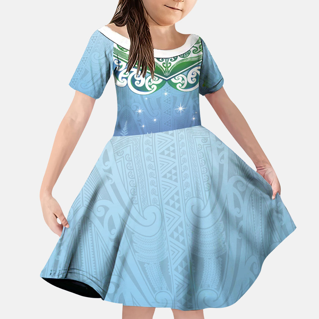 Aotearoa New Zealand New Year Family Matching Puletasi and Hawaiian Shirt Maori Motifs with Silver Fern and Matariki Stars LT03 Daughter's Dress Multicolor - Polynesian Pride