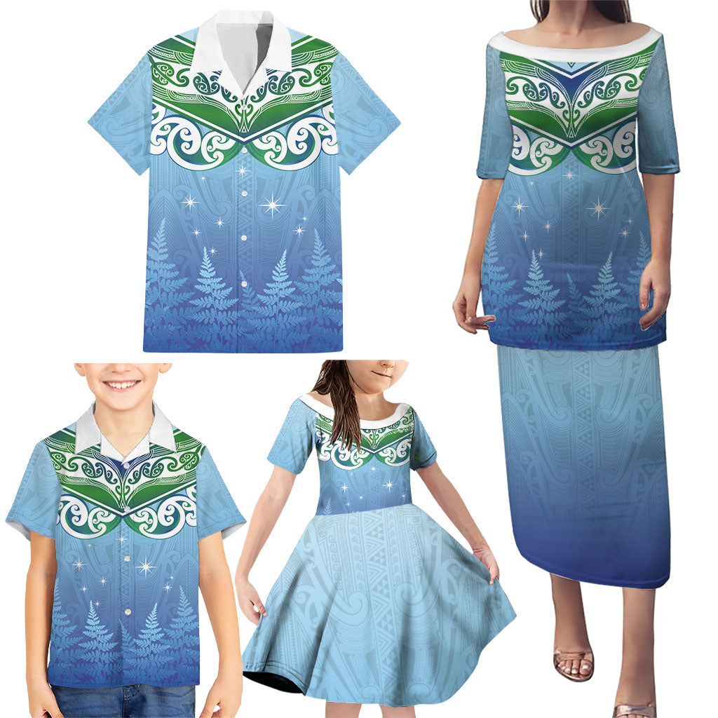 Aotearoa New Zealand New Year Family Matching Puletasi and Hawaiian Shirt Maori Motifs with Silver Fern and Matariki Stars LT03 - Polynesian Pride