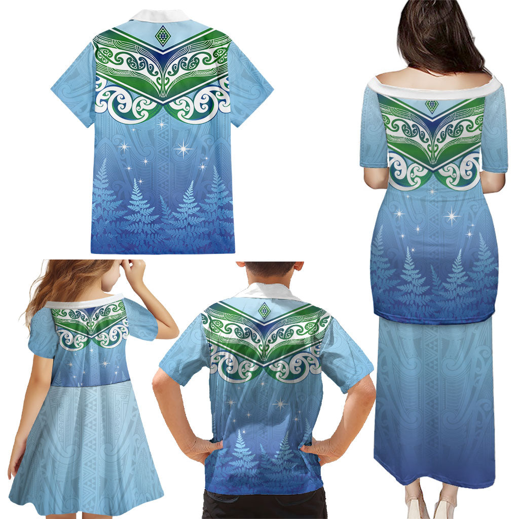 Aotearoa New Zealand New Year Family Matching Puletasi and Hawaiian Shirt Maori Motifs with Silver Fern and Matariki Stars LT03 - Polynesian Pride