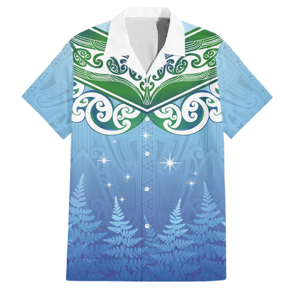 Aotearoa New Zealand New Year Family Matching Puletasi and Hawaiian Shirt Maori Motifs with Silver Fern and Matariki Stars LT03 Dad's Shirt - Short Sleeve Multicolor - Polynesian Pride