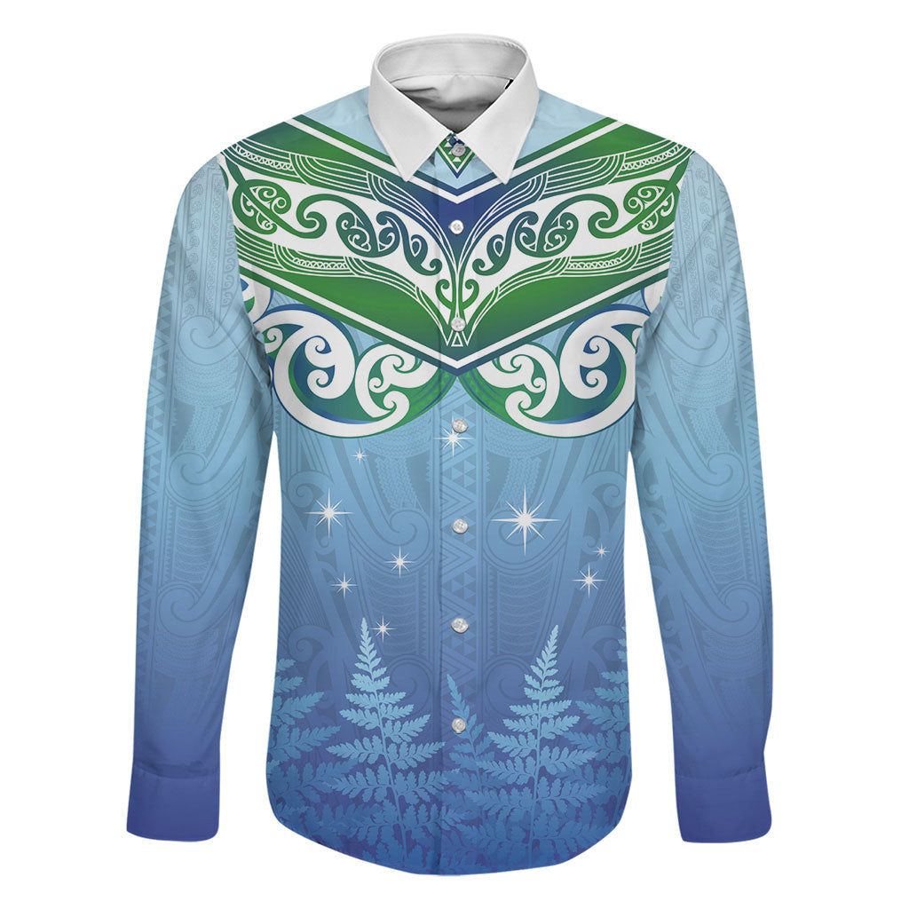 Aotearoa New Zealand New Year Family Matching Puletasi and Hawaiian Shirt Maori Motifs with Silver Fern and Matariki Stars LT03 Dad's Shirt - Long Sleeve Multicolor - Polynesian Pride
