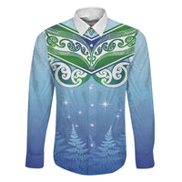 Aotearoa New Zealand New Year Family Matching Puletasi and Hawaiian Shirt Maori Motifs with Silver Fern and Matariki Stars LT03 Dad's Shirt - Long Sleeve Multicolor - Polynesian Pride
