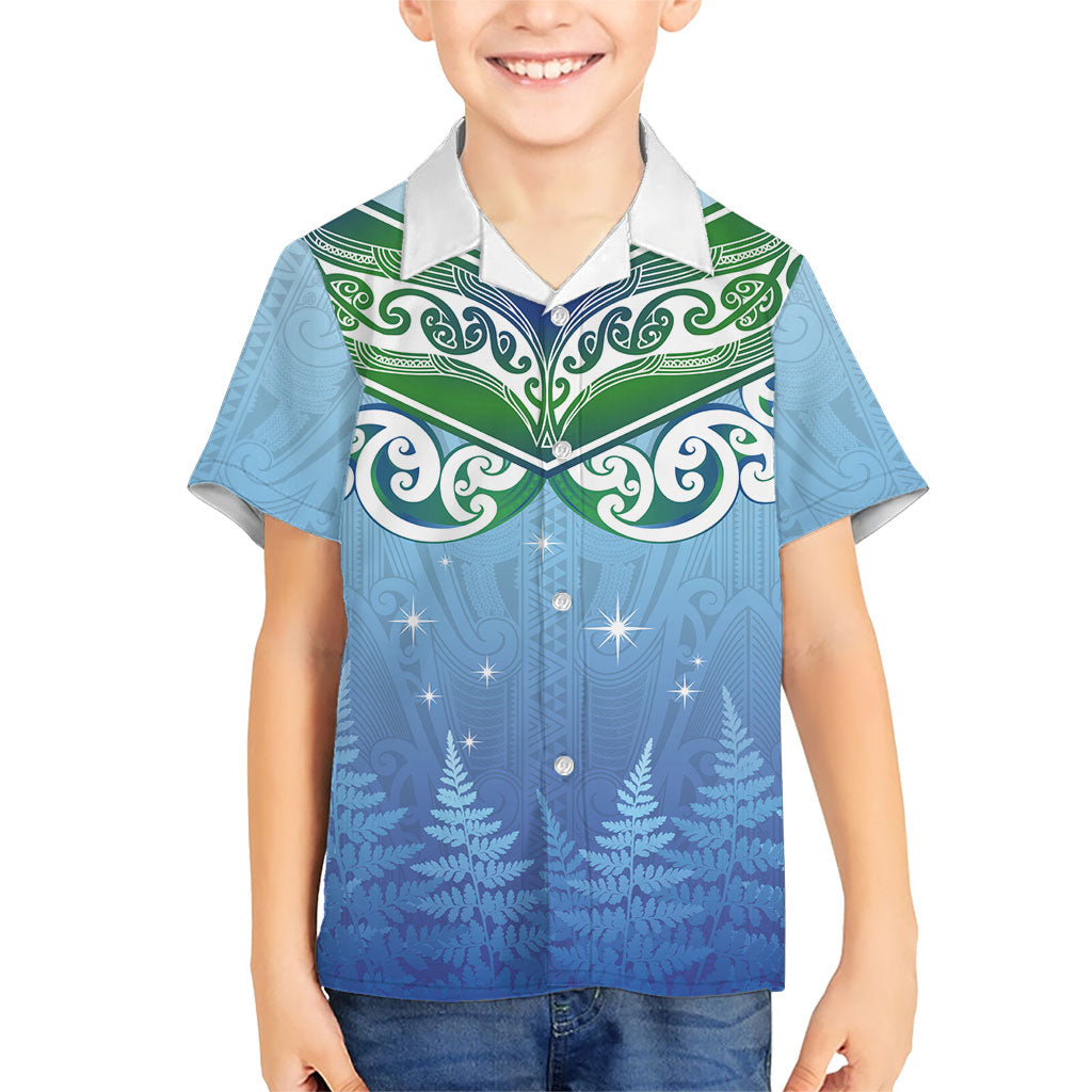 Aotearoa New Zealand New Year Family Matching Puletasi and Hawaiian Shirt Maori Motifs with Silver Fern and Matariki Stars LT03 Son's Shirt Multicolor - Polynesian Pride