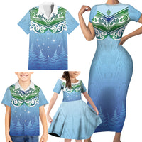 Aotearoa New Zealand New Year Family Matching Short Sleeve Bodycon Dress and Hawaiian Shirt Maori Motifs with Silver Fern and Matariki Stars LT03 - Polynesian Pride