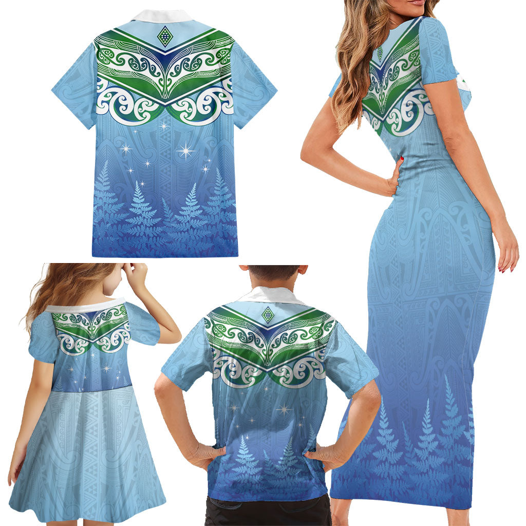 Aotearoa New Zealand New Year Family Matching Short Sleeve Bodycon Dress and Hawaiian Shirt Maori Motifs with Silver Fern and Matariki Stars LT03 - Polynesian Pride