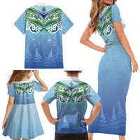 Aotearoa New Zealand New Year Family Matching Short Sleeve Bodycon Dress and Hawaiian Shirt Maori Motifs with Silver Fern and Matariki Stars LT03 - Polynesian Pride