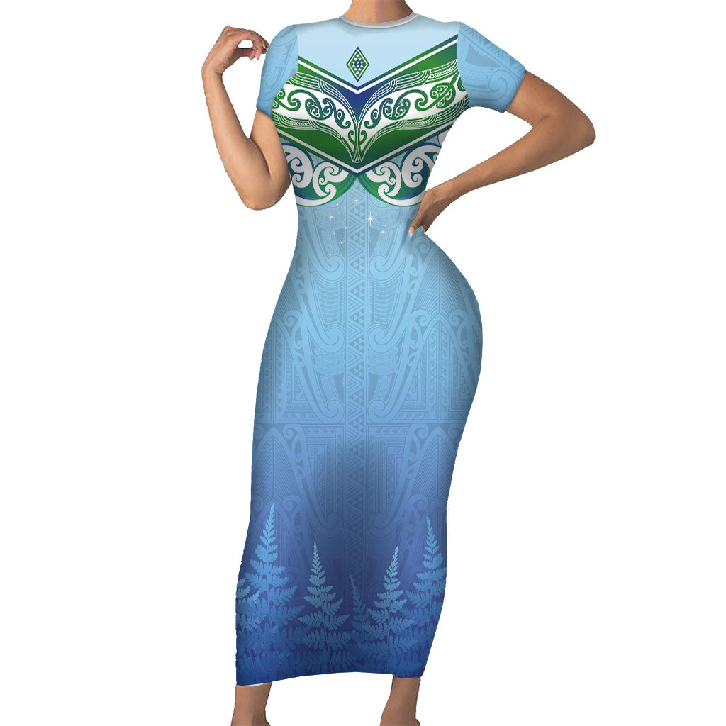 Aotearoa New Zealand New Year Family Matching Short Sleeve Bodycon Dress and Hawaiian Shirt Maori Motifs with Silver Fern and Matariki Stars LT03 Mom's Dress Multicolor - Polynesian Pride