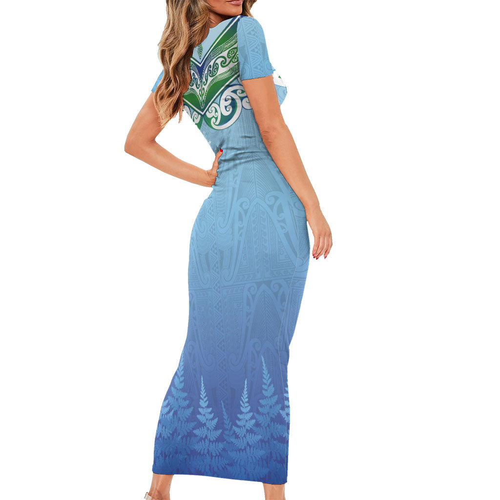Aotearoa New Zealand New Year Family Matching Short Sleeve Bodycon Dress and Hawaiian Shirt Maori Motifs with Silver Fern and Matariki Stars LT03 - Polynesian Pride