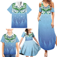 Aotearoa New Zealand New Year Family Matching Summer Maxi Dress and Hawaiian Shirt Maori Motifs with Silver Fern and Matariki Stars