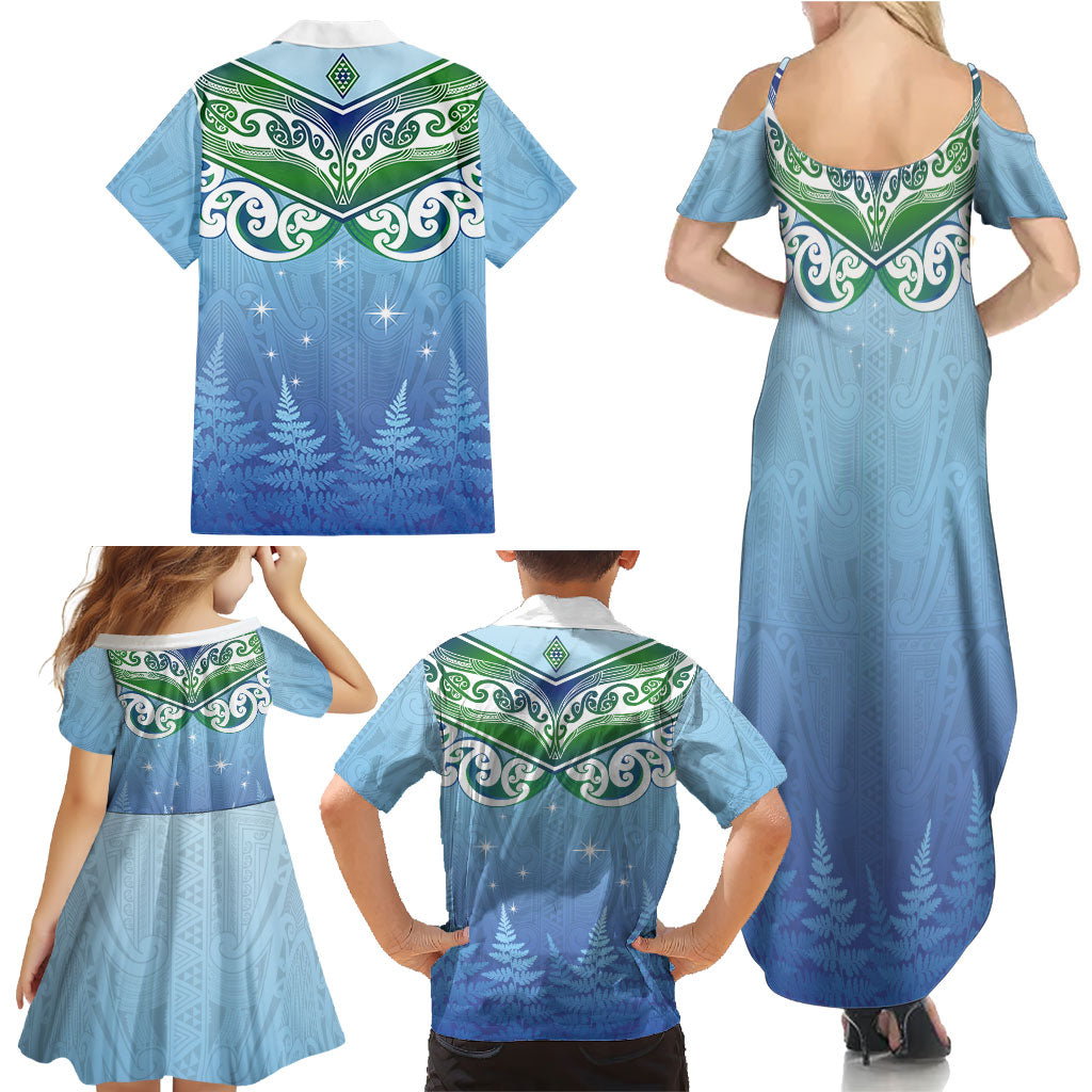 Aotearoa New Zealand New Year Family Matching Summer Maxi Dress and Hawaiian Shirt Maori Motifs with Silver Fern and Matariki Stars