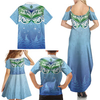 Aotearoa New Zealand New Year Family Matching Summer Maxi Dress and Hawaiian Shirt Maori Motifs with Silver Fern and Matariki Stars
