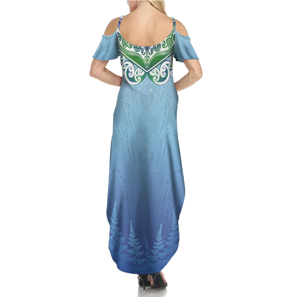 Aotearoa New Zealand New Year Family Matching Summer Maxi Dress and Hawaiian Shirt Maori Motifs with Silver Fern and Matariki Stars