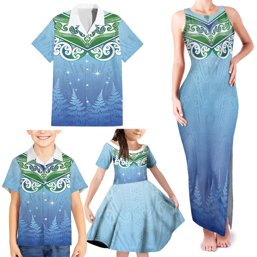 Aotearoa New Zealand New Year Family Matching Tank Maxi Dress and Hawaiian Shirt Maori Motifs with Silver Fern and Matariki Stars LT03 - Polynesian Pride
