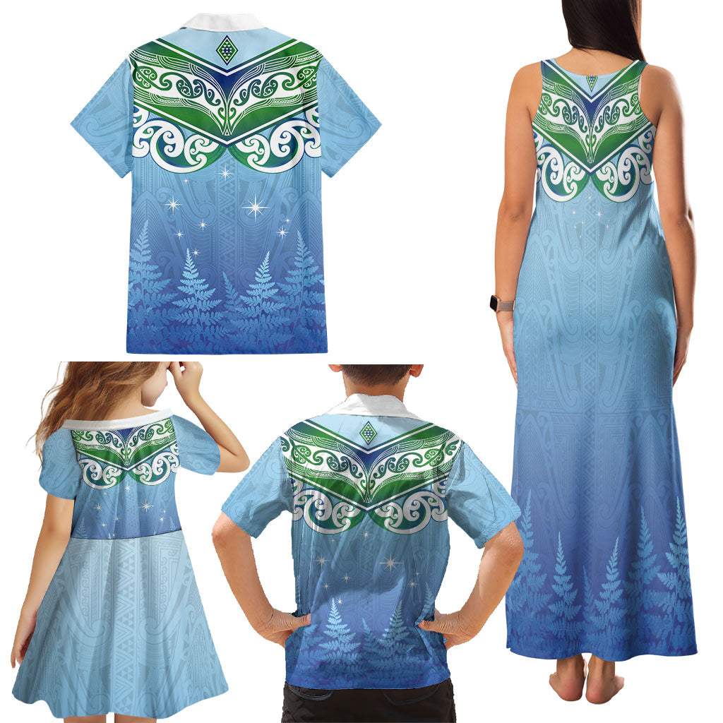 Aotearoa New Zealand New Year Family Matching Tank Maxi Dress and Hawaiian Shirt Maori Motifs with Silver Fern and Matariki Stars LT03 - Polynesian Pride