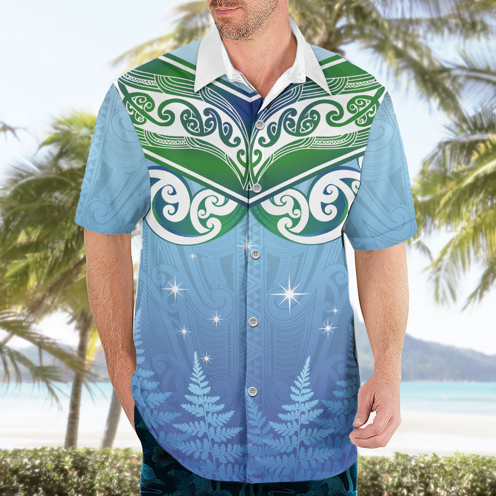 Aotearoa New Zealand New Year Hawaiian Shirt Maori Motifs with Silver Fern and Matariki Stars