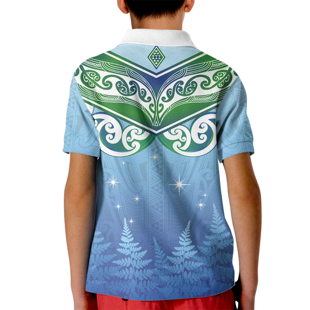 Aotearoa New Zealand New Year Kid Polo Shirt Maori Motifs with Silver Fern and Matariki Stars
