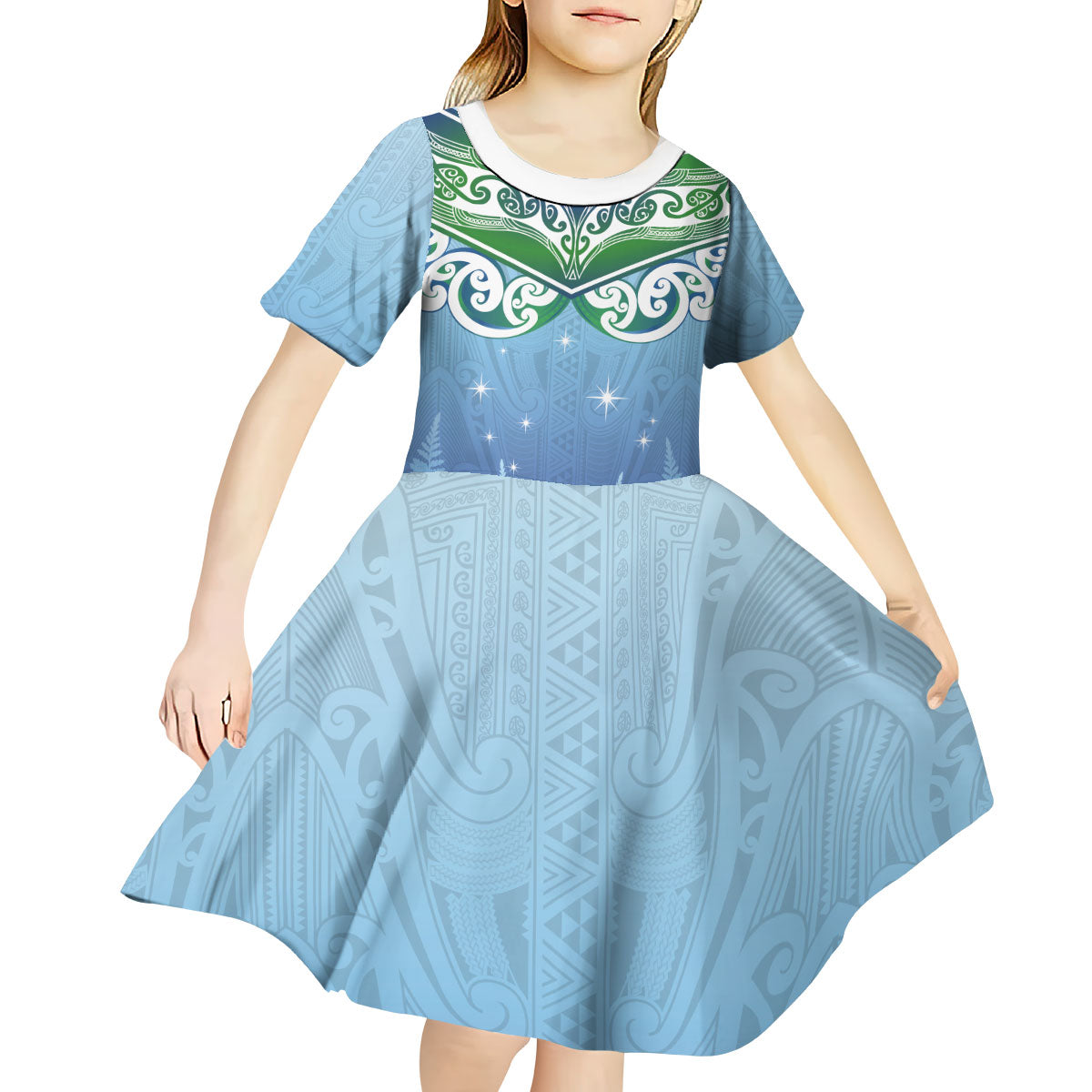 Aotearoa New Zealand New Year Kid Short Sleeve Dress Maori Motifs with Silver Fern and Matariki Stars