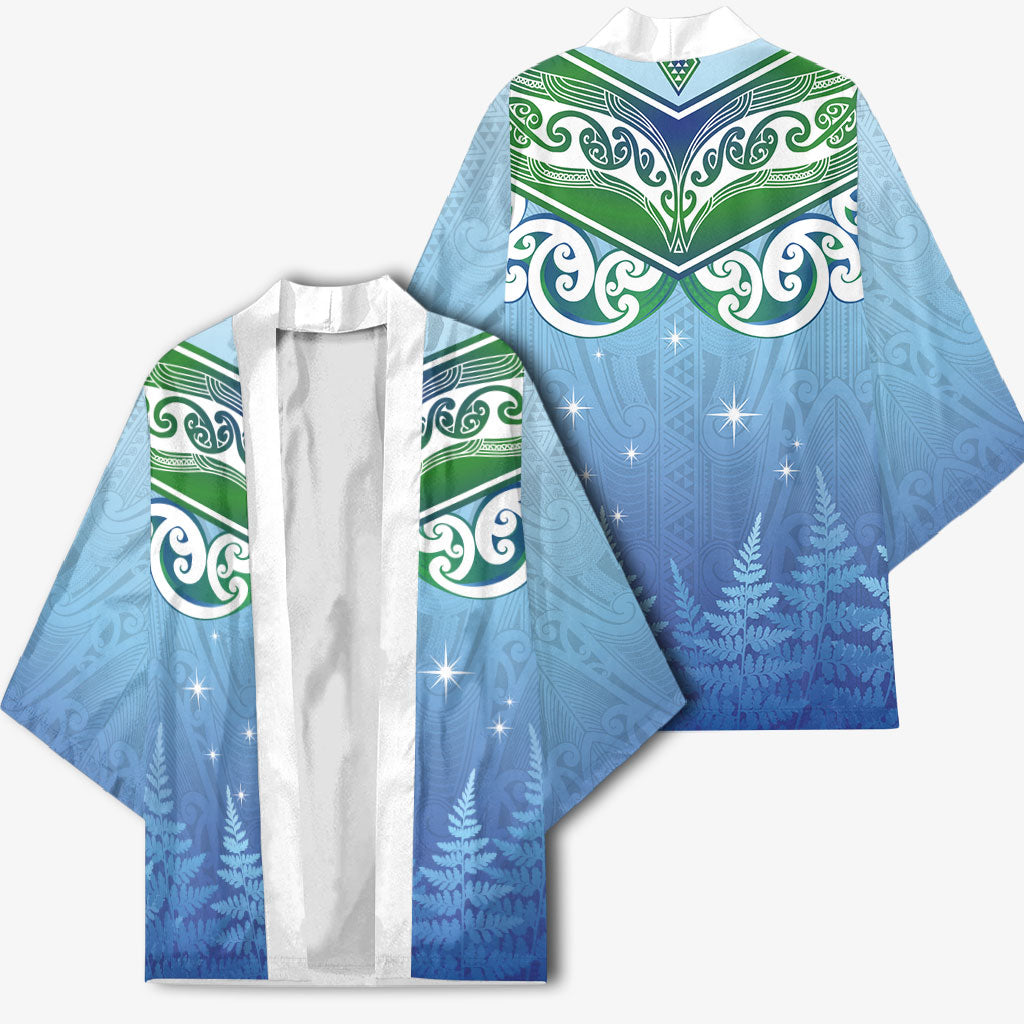 Aotearoa New Zealand New Year Kimono Maori Motifs with Silver Fern and Matariki Stars
