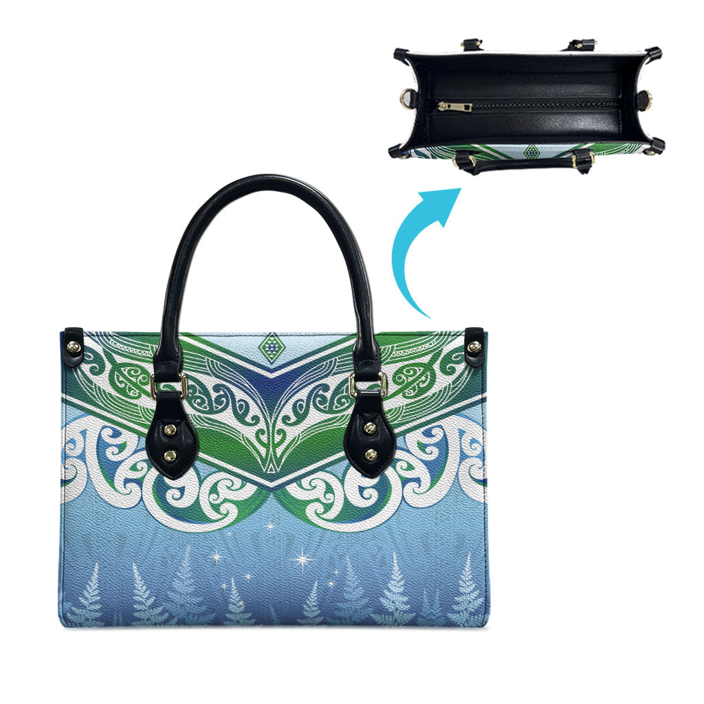 Aotearoa New Zealand New Year Leather Bag Maori Motifs with Silver Fern and Matariki Stars