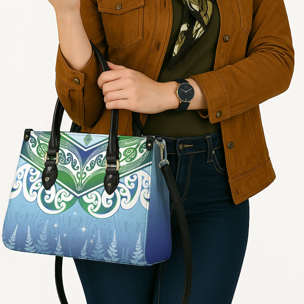 Aotearoa New Zealand New Year Leather Bag Maori Motifs with Silver Fern and Matariki Stars