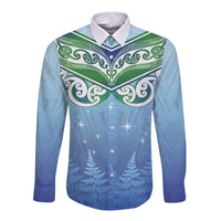 Aotearoa New Zealand New Year Long Sleeve Button Shirt Maori Motifs with Silver Fern and Matariki Stars