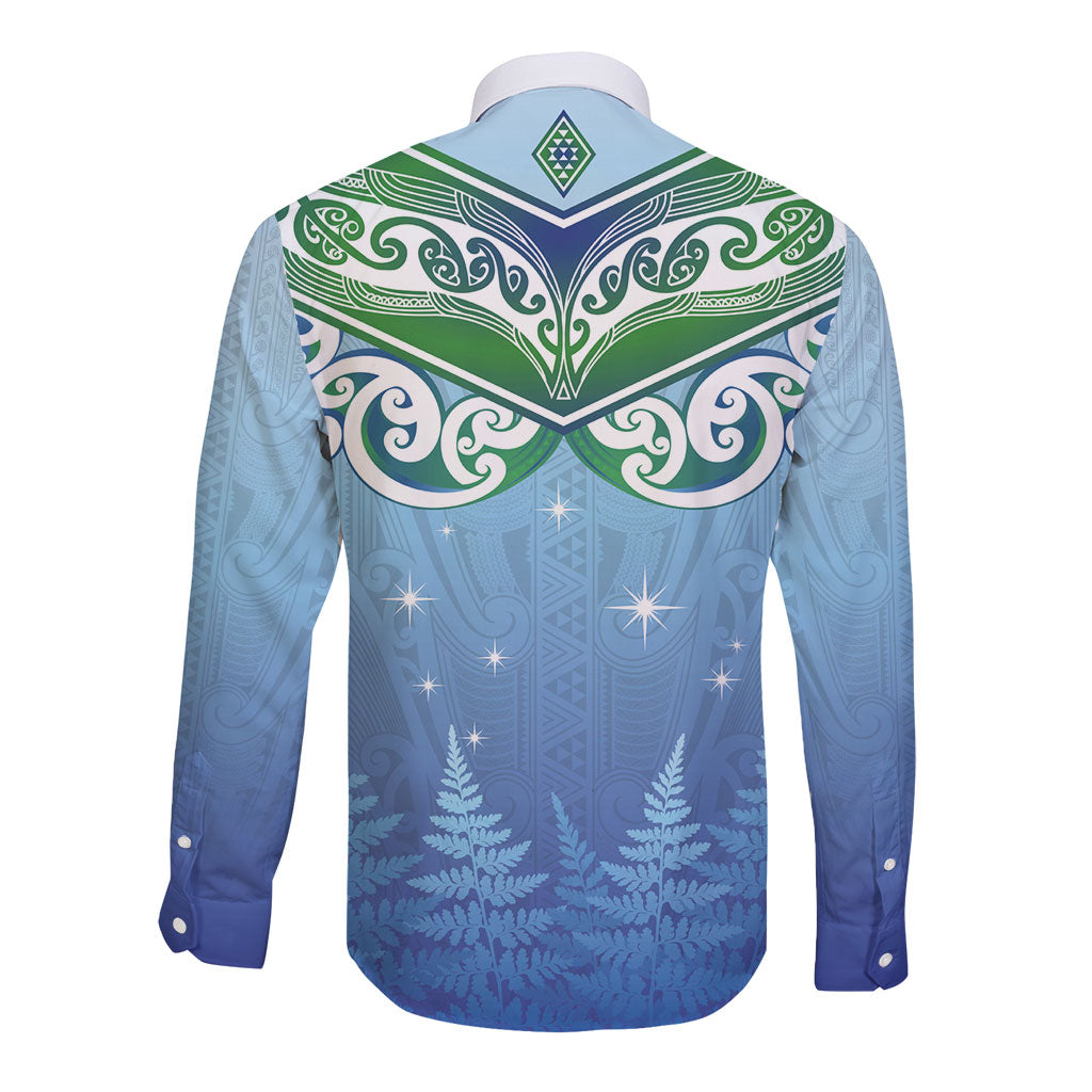 Aotearoa New Zealand New Year Long Sleeve Button Shirt Maori Motifs with Silver Fern and Matariki Stars