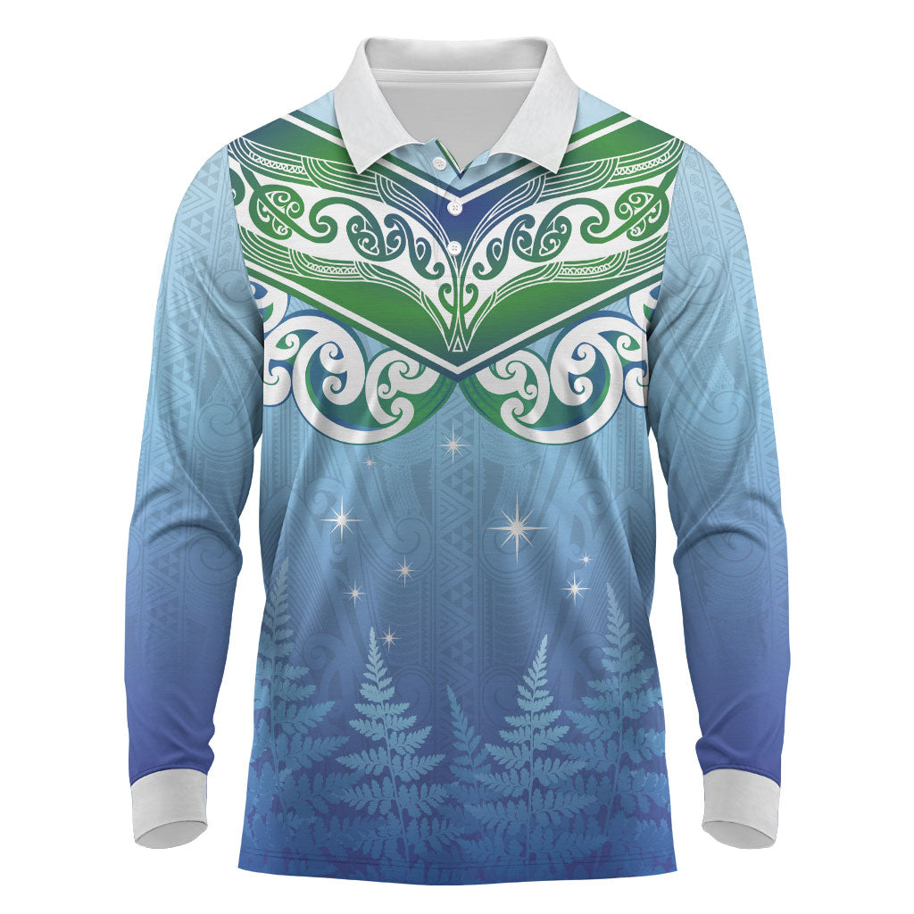 Aotearoa New Zealand New Year Long Sleeve Polo Shirt Maori Motifs with Silver Fern and Matariki Stars