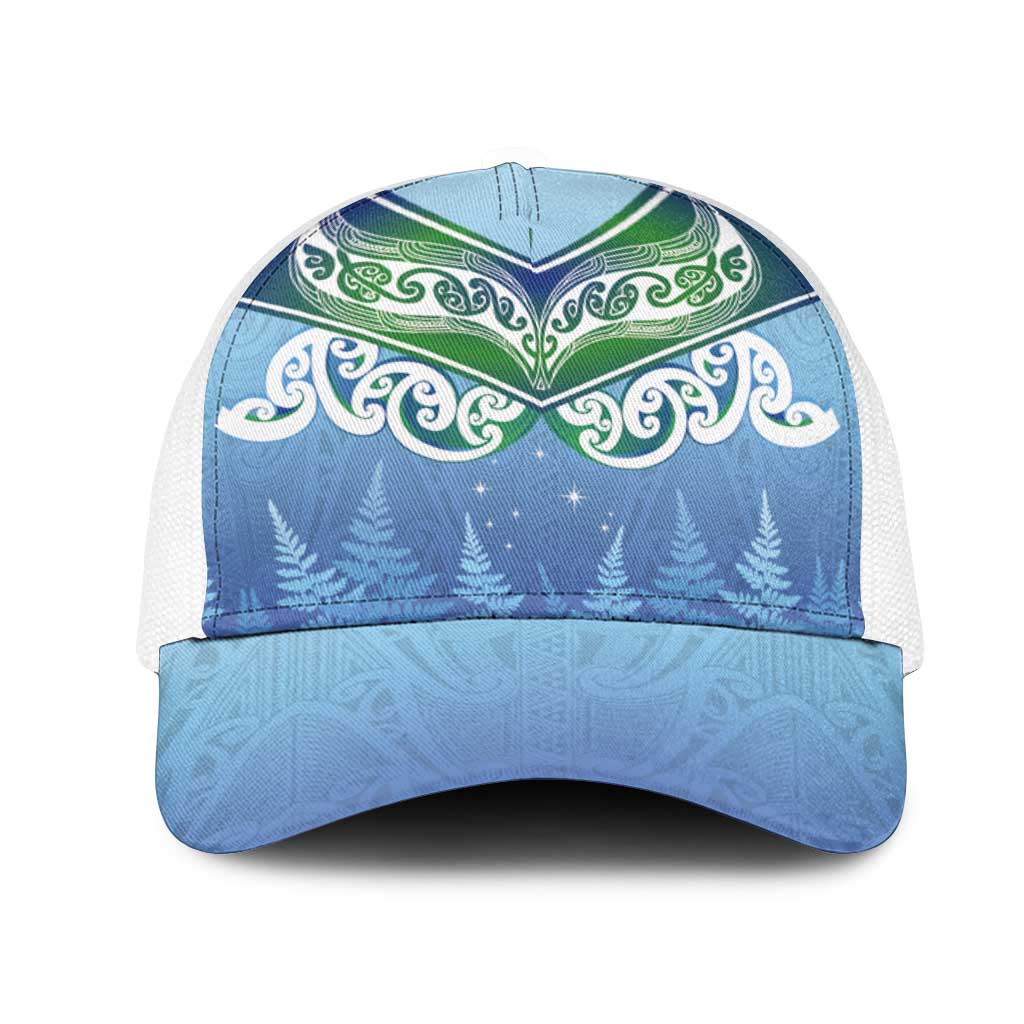 Aotearoa New Zealand New Year Mesh Trucker Cap Maori Motifs with Silver Fern and Matariki Stars