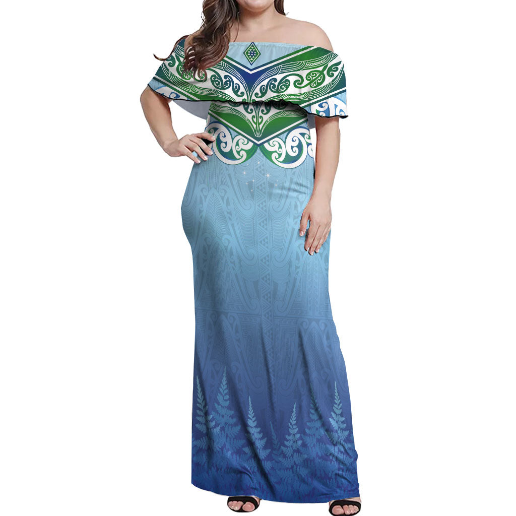 Aotearoa New Zealand New Year Off Shoulder Maxi Dress Maori Motifs with Silver Fern and Matariki Stars