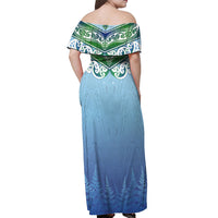 Aotearoa New Zealand New Year Off Shoulder Maxi Dress Maori Motifs with Silver Fern and Matariki Stars