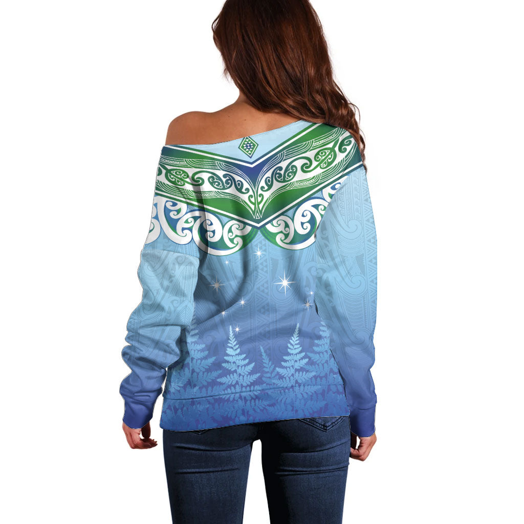 Aotearoa New Zealand New Year Off Shoulder Sweater Maori Motifs with Silver Fern and Matariki Stars