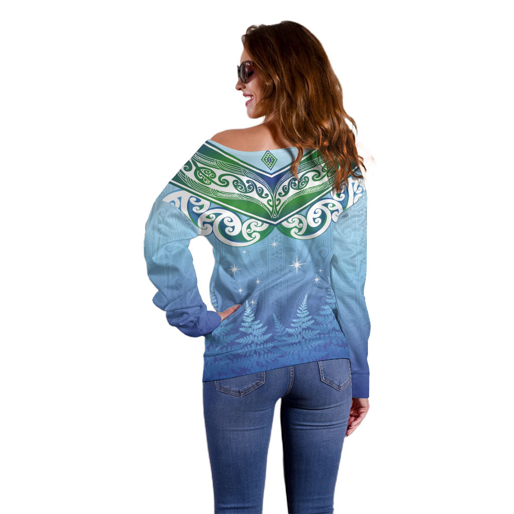 Aotearoa New Zealand New Year Off Shoulder Sweater Maori Motifs with Silver Fern and Matariki Stars