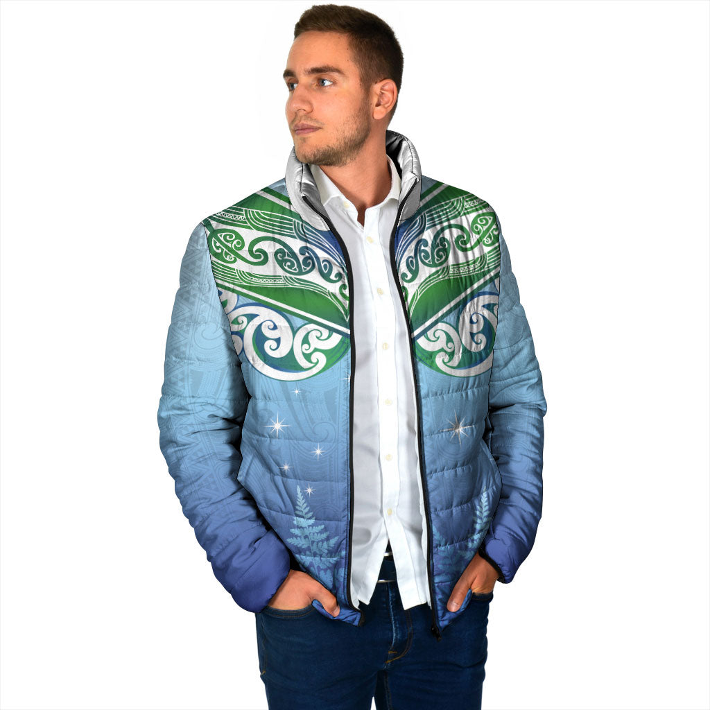 Aotearoa New Zealand New Year Padded Jacket Maori Motifs with Silver Fern and Matariki Stars