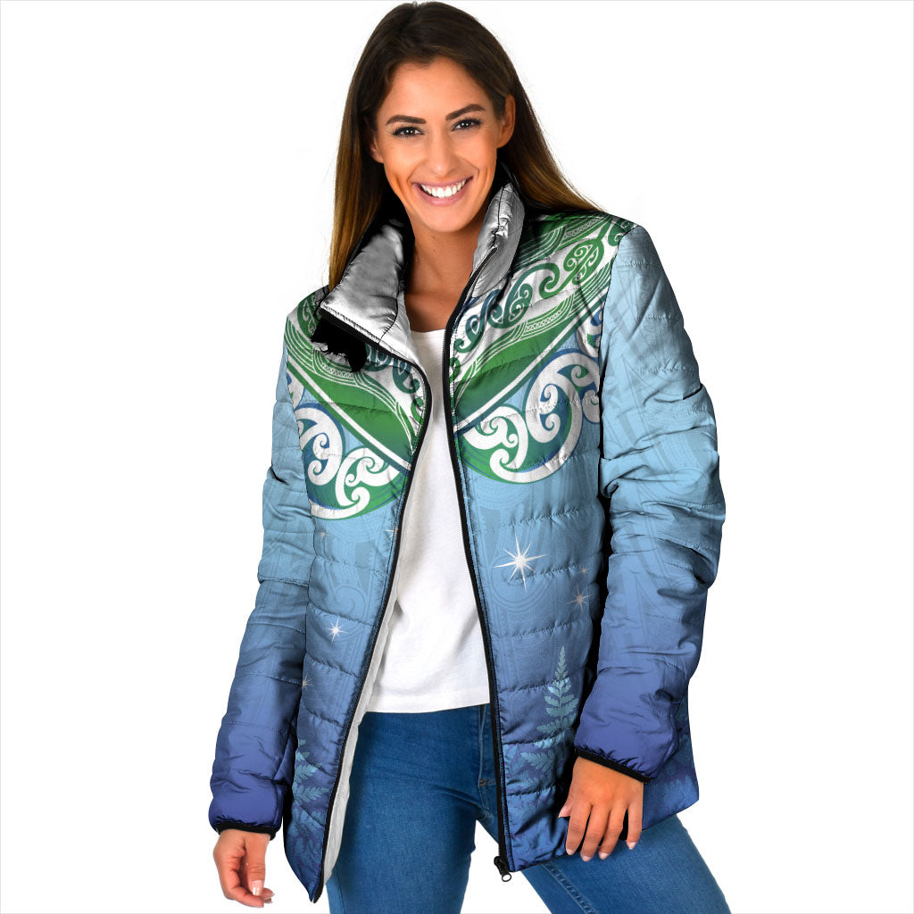 Aotearoa New Zealand New Year Padded Jacket Maori Motifs with Silver Fern and Matariki Stars