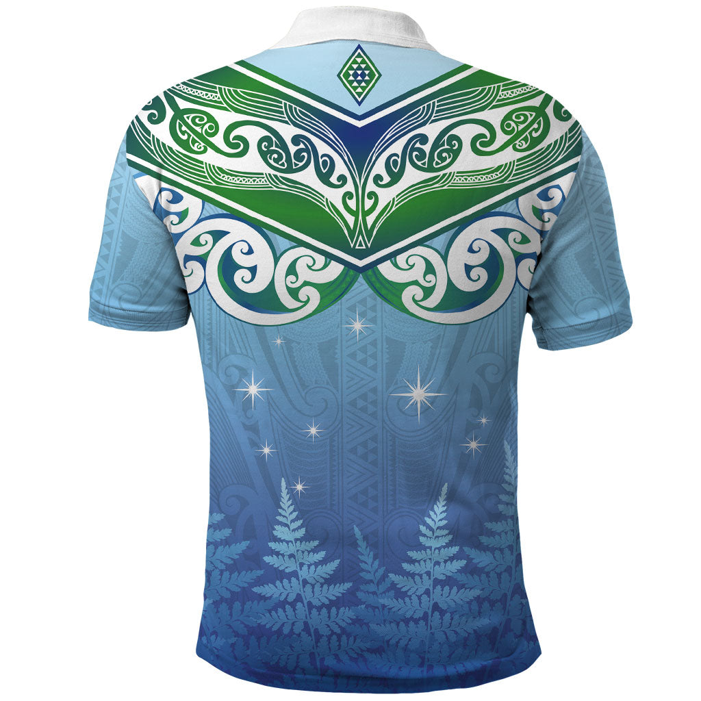 Aotearoa New Zealand New Year Polo Shirt Maori Motifs with Silver Fern and Matariki Stars