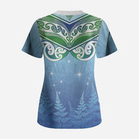 Aotearoa New Zealand New Year Scrub Top Maori Motifs with Silver Fern and Matariki Stars