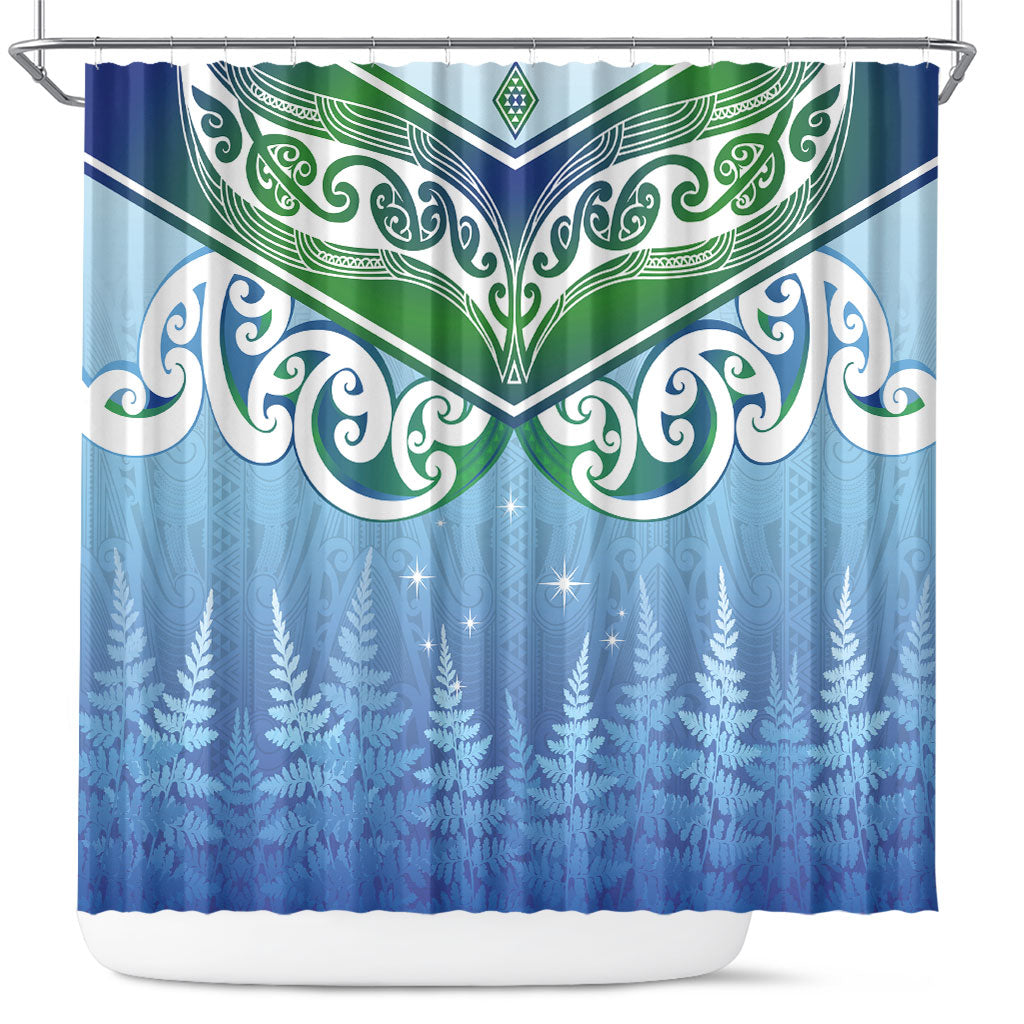 Aotearoa New Zealand New Year Shower Curtain Maori Motifs with Silver Fern and Matariki Stars