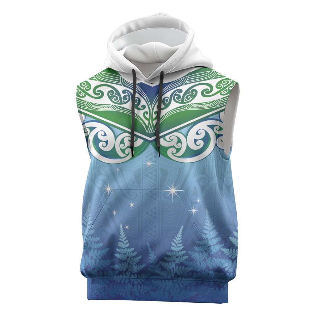 Aotearoa New Zealand New Year Sleeveless Hoodie Maori Motifs with Silver Fern and Matariki Stars LT03 Multicolor - Polynesian Pride
