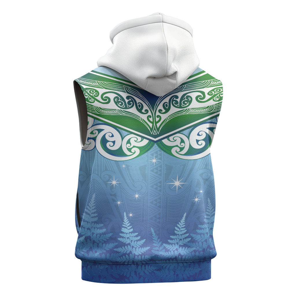 Aotearoa New Zealand New Year Sleeveless Hoodie Maori Motifs with Silver Fern and Matariki Stars LT03 - Polynesian Pride
