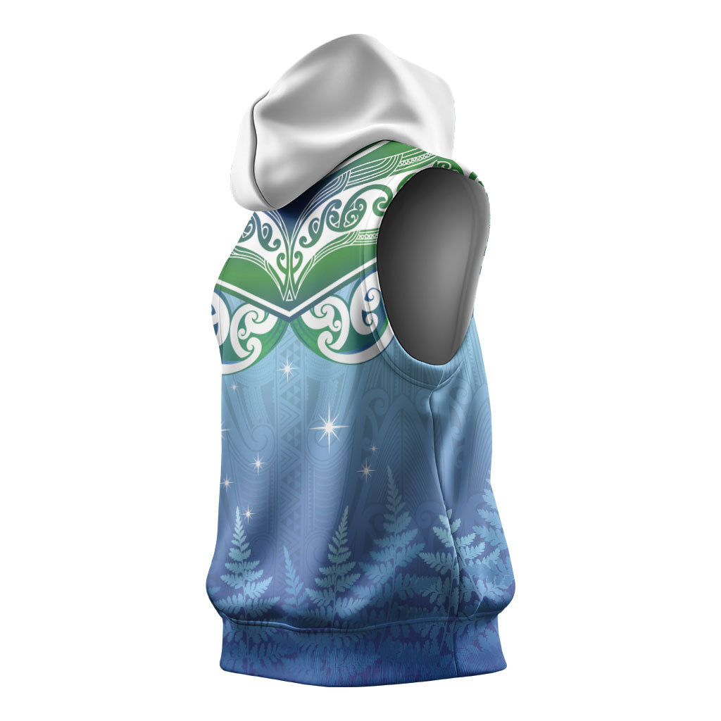 Aotearoa New Zealand New Year Sleeveless Hoodie Maori Motifs with Silver Fern and Matariki Stars LT03 - Polynesian Pride