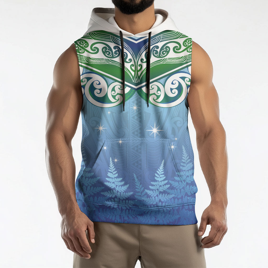 Aotearoa New Zealand New Year Sleeveless Hoodie Maori Motifs with Silver Fern and Matariki Stars LT03 - Polynesian Pride